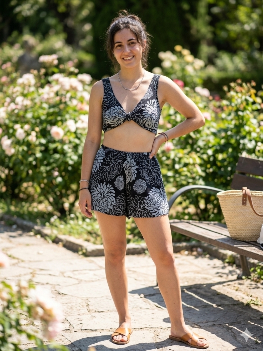 Black & White Floral Cropped Tank and High-Waist Shorts Set
